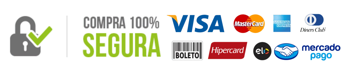 Compra 100% segura. Pagamento por Visa, Mastercard, American Express, Diners Club, Boleto, Hipercard, Elo e Mercado Pago